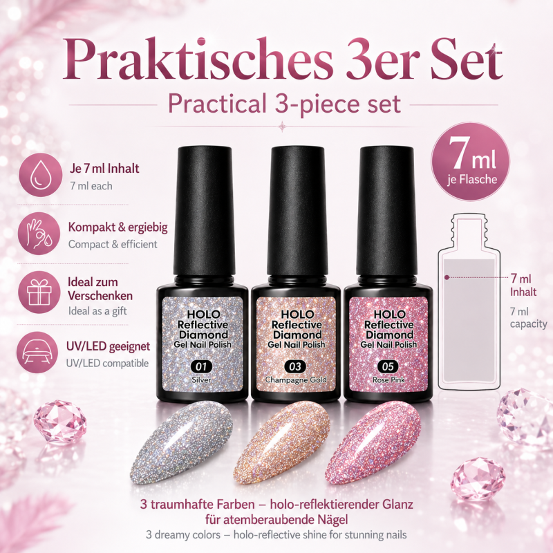 3er UV Nagellack Set - Nail Polish Holo Diamond Glitter
